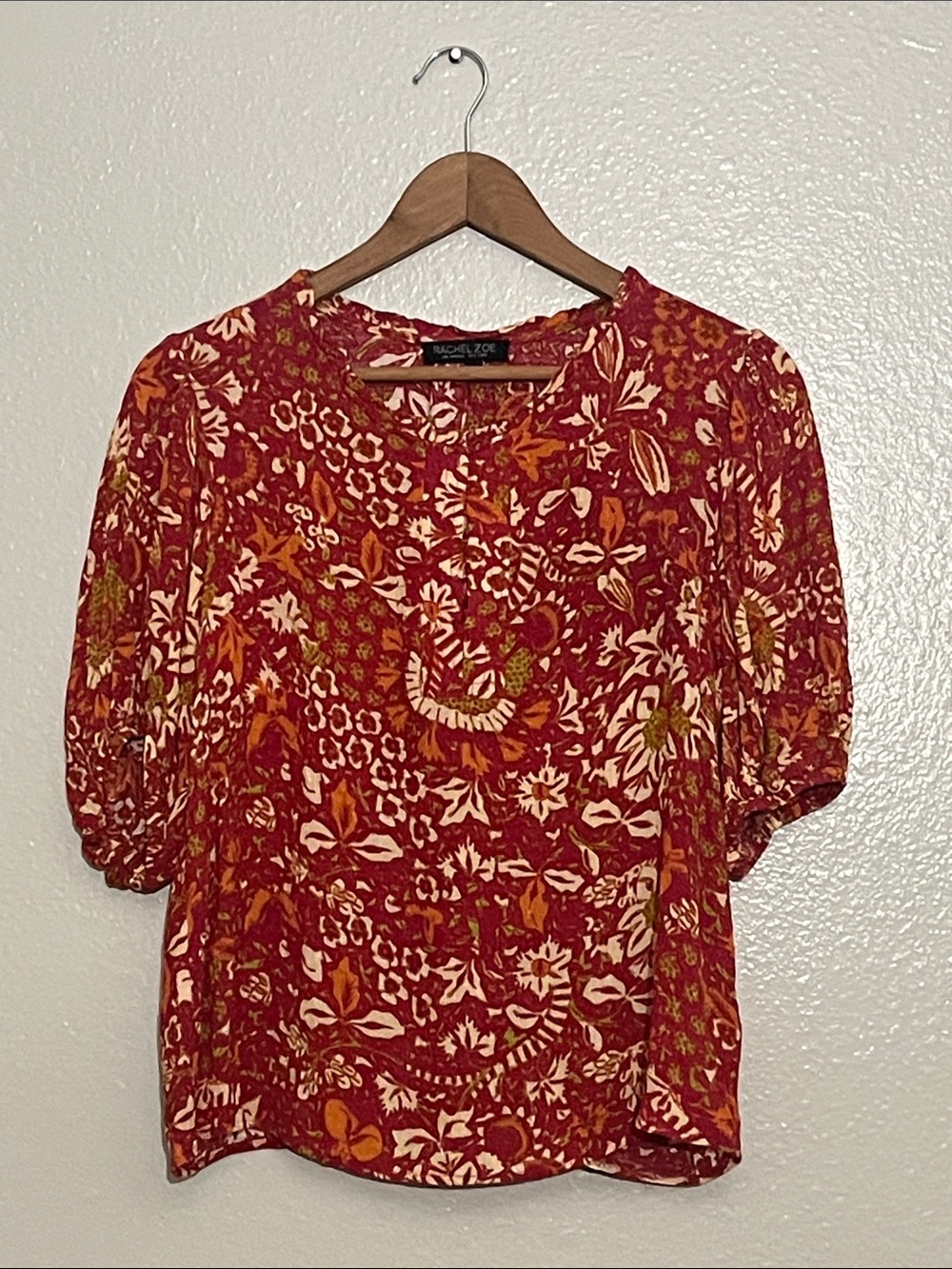 Rachel Zoe Red Floral Puff-Sleeve Top